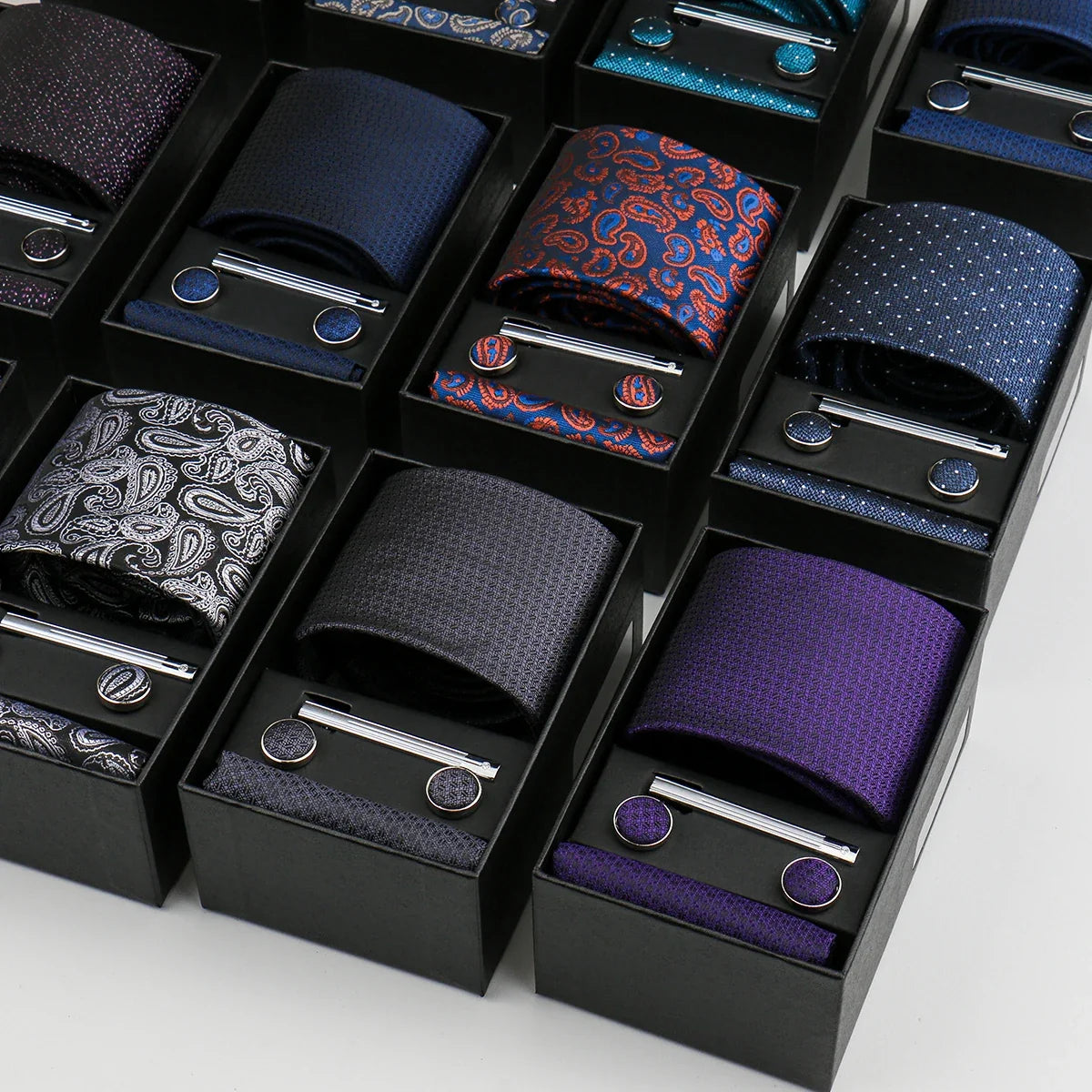 Men’s Fashion Tie Set Gift Box - 8cm Necktie with Handkerchief Cufflinks & Clip for Formal Business Suit Accessories
