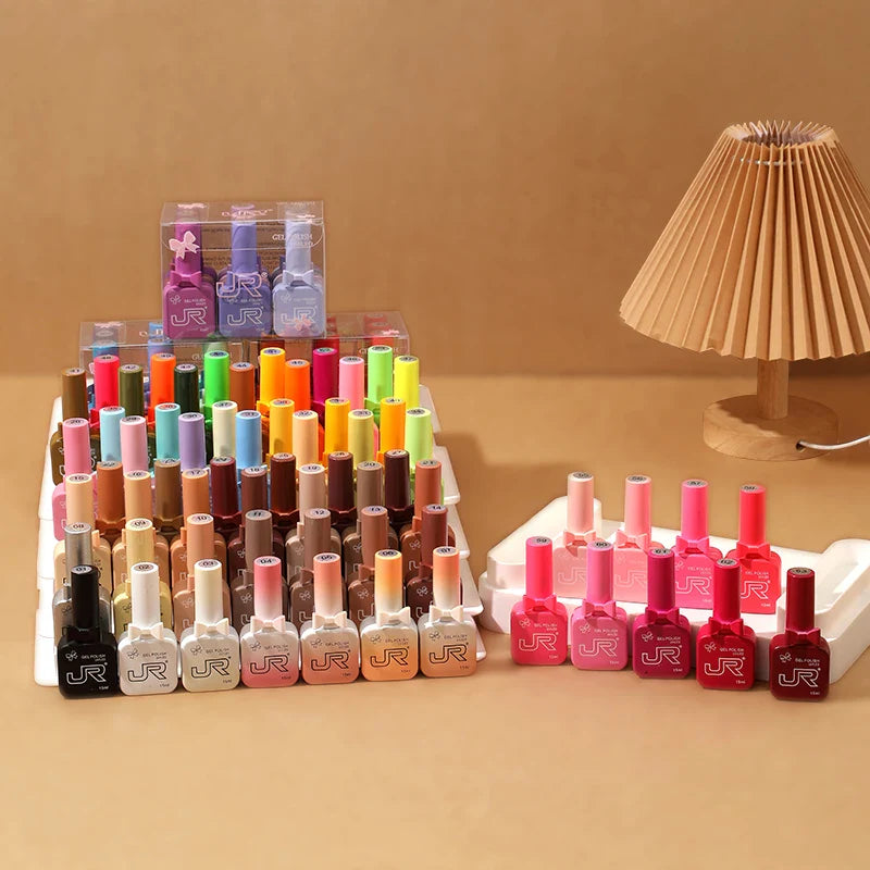 JR 9pcs Gel Nail Polish Set 15ml – Red, Pink, Nude UV LED Soak-Off Kit with Top & Base Coat for DIY Manicure & Gifts