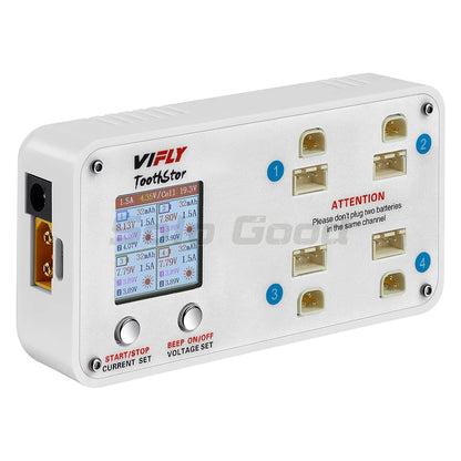 VIFLY ToothStor 4-Port 2S Balance Charger – LCD Display with Storage Mode for LiHV/LiPo RC FPV Racing Drone Batteries