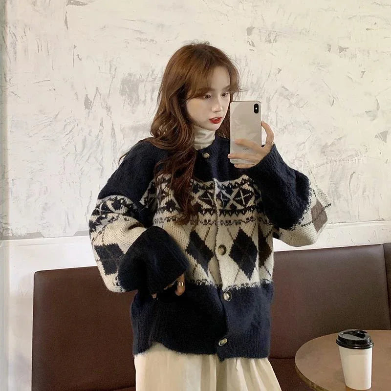 HELIAR Women’s Korean Patchwork Cardigan – Vintage Argyle Knit Sweater with Long Sleeves & Casual O-Neck