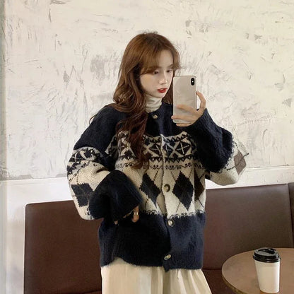 HELIAR Women’s Korean Patchwork Cardigan – Vintage Argyle Knit Sweater with Long Sleeves & Casual O-Neck