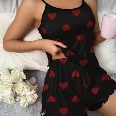 Women’s Summer Pajama Set – Pink Heart Print Ice Silk T-Shirt & Shorts, Comfortable Casual Round Neck Sleepwear