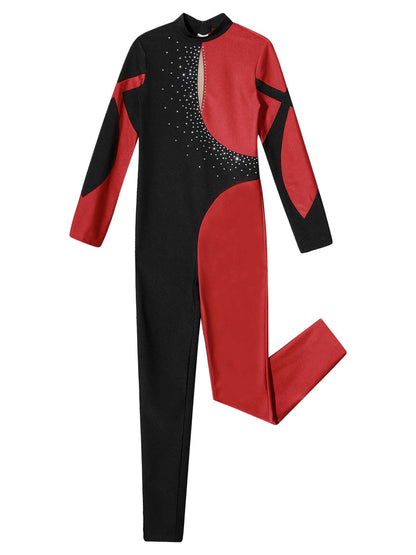 Kids Girls Long Sleeve Rhinestone Bodysuit — Full Body Dancewear Gymnastics Leotard Skating Jumpsuit