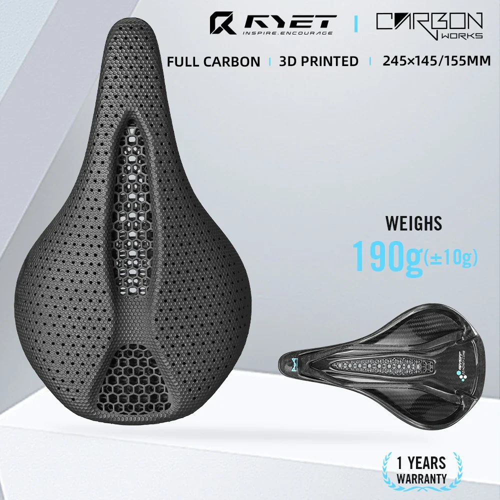 RYET Ultra Full Carbon 3D Printed Bike Saddle — 145mm Lightweight MTB Seat with High Modulus Carbon Fiber Base