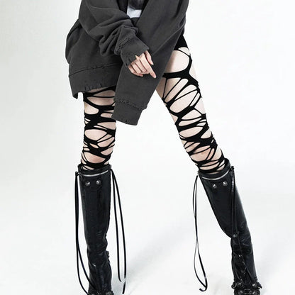 Gothic Glamour: Women's Sexy Perforated Stocking - Halloween Punk Torn Strap Y2K Ragged Pantyhose, Hosiery Party Underwear