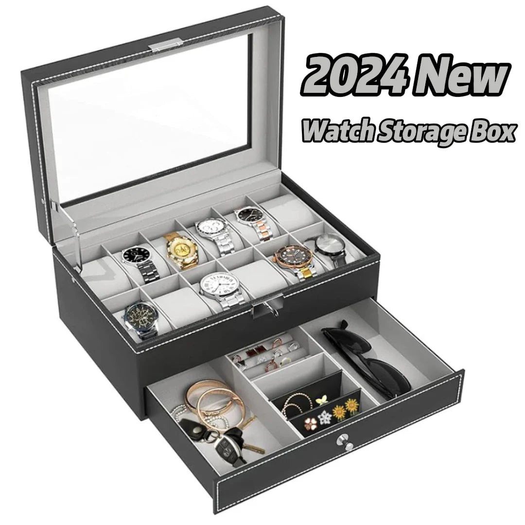 2024 12-Slot Leather Watch Storage Box — Lockable 2-Tier Organizer & Jewelry Display Drawer for Men & Women