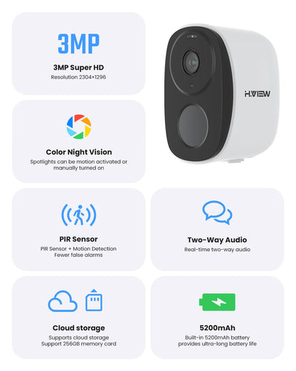 H.VIEW PIR Battery-Powered Wireless Outdoor Camera – 2K 3MP WiFi Security with Spotlight, Siren, 2-Way Audio & Waterproof