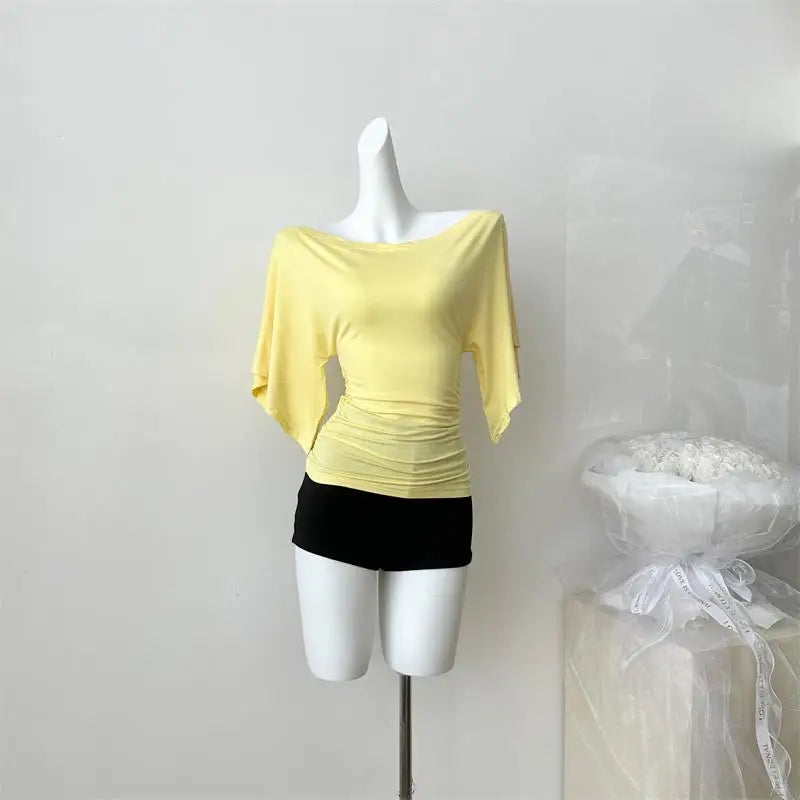Women’s High Stretch Slash Neck Top - Slim Fit Flare Sleeve Pleated Summer Solid Color T-Shirt