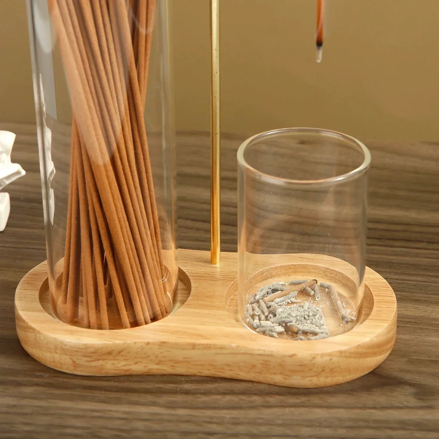 Solid Wood Incense Burner – Rubber Wood & Glass Design for Sandalwood & Fly Ash Incense