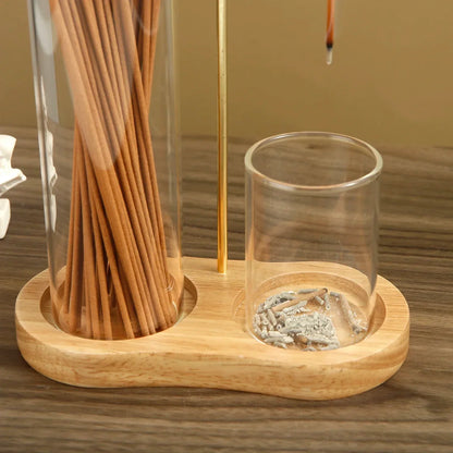 Solid Wood Incense Burner – Rubber Wood & Glass Design for Sandalwood & Fly Ash Incense