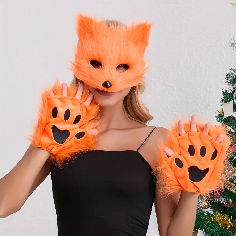 5pcs Fluffy Fur Fox Tail & Cat Paws Gloves Set — Wolf Mask Halloween Cosplay Costume Accessories for Theme Party Dress-Up