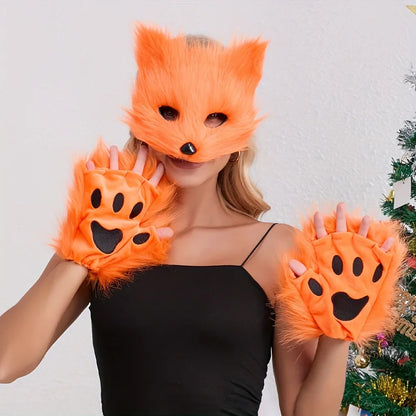 5pcs Fluffy Fur Fox Tail & Cat Paws Gloves Set — Wolf Mask Halloween Cosplay Costume Accessories for Theme Party Dress-Up