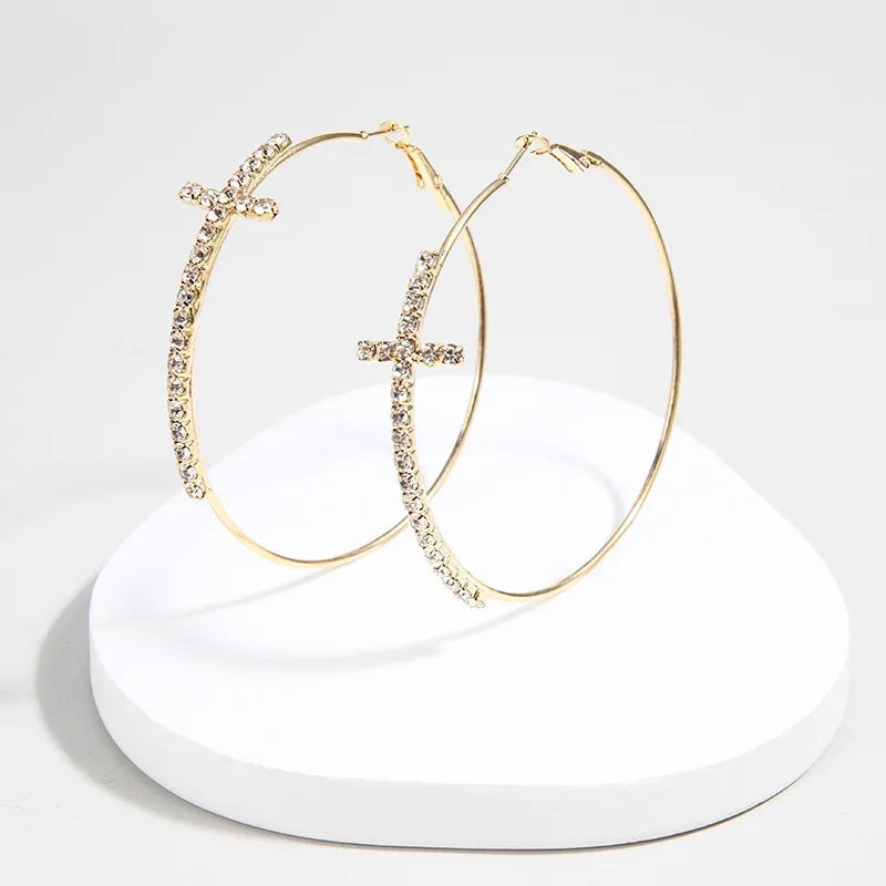 Women’s Shiny Large Circle Cross Hoop Earrings – Rhinestone Geometric High-End Fashion Jewelry