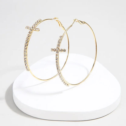 Women’s Shiny Large Circle Cross Hoop Earrings – Rhinestone Geometric High-End Fashion Jewelry