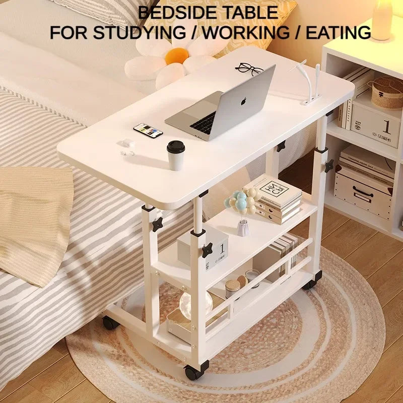 Adjustable Height Portable Study Desk with Storage Shelf – Mobile Bedside Table for Work & Dining, Includes USB Fan & Light