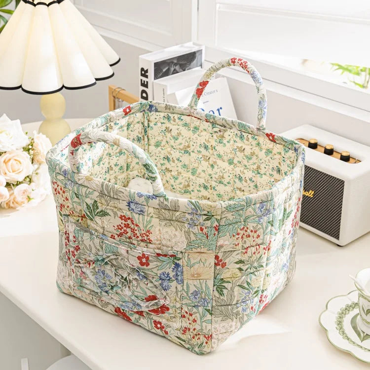 Floral Fabric Storage Bins with Handles – Foldable Desktop Organizer Basket for Clothes, Underwear & Home Decor Multi-Compartment Storage