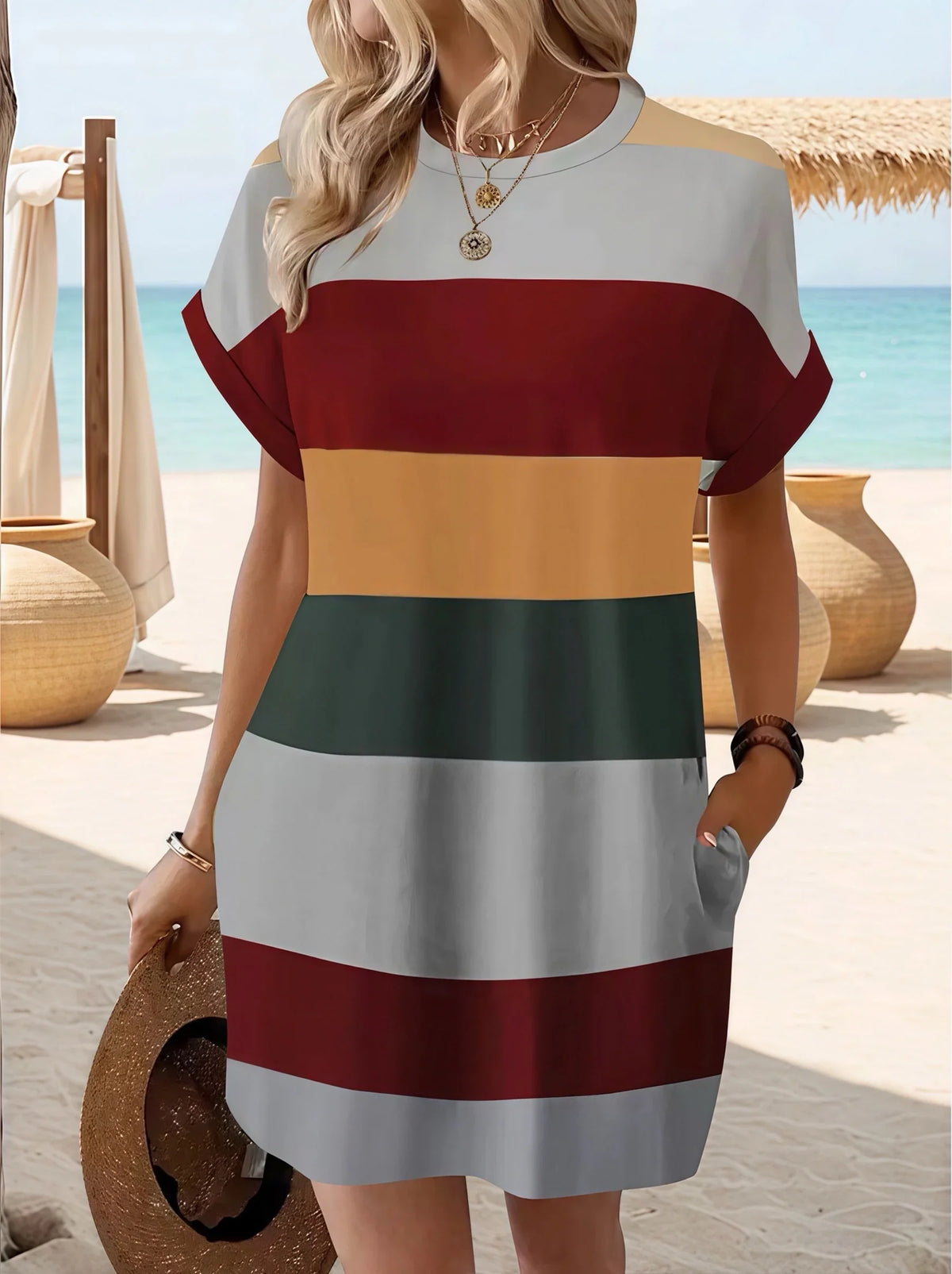 Plus Size Women’s Chic Striped Casual Dress – Roll-Up Sleeves, Pockets, Comfortable Everyday Wear