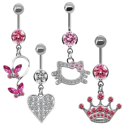 Sweet Butterfly Crown Heart Belly Button Ring – Pink & White Crystal Hello Kitty Dangle Navel Piercing Jewelry for Women