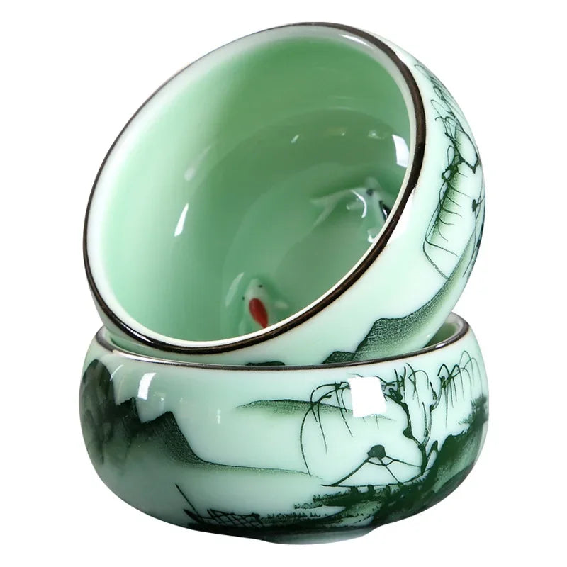 Traditional Celadon Hand-Painted Teacup — 80ml Ceramic Lotus & Bamboo Double-Fish Chinese Tea Cup