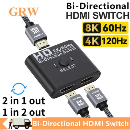 8K 60Hz HDMI Switch Splitter - Bi-Directional 1x2/2x1 HDMI Switcher Adapter for PS4, TV Box, and Switch