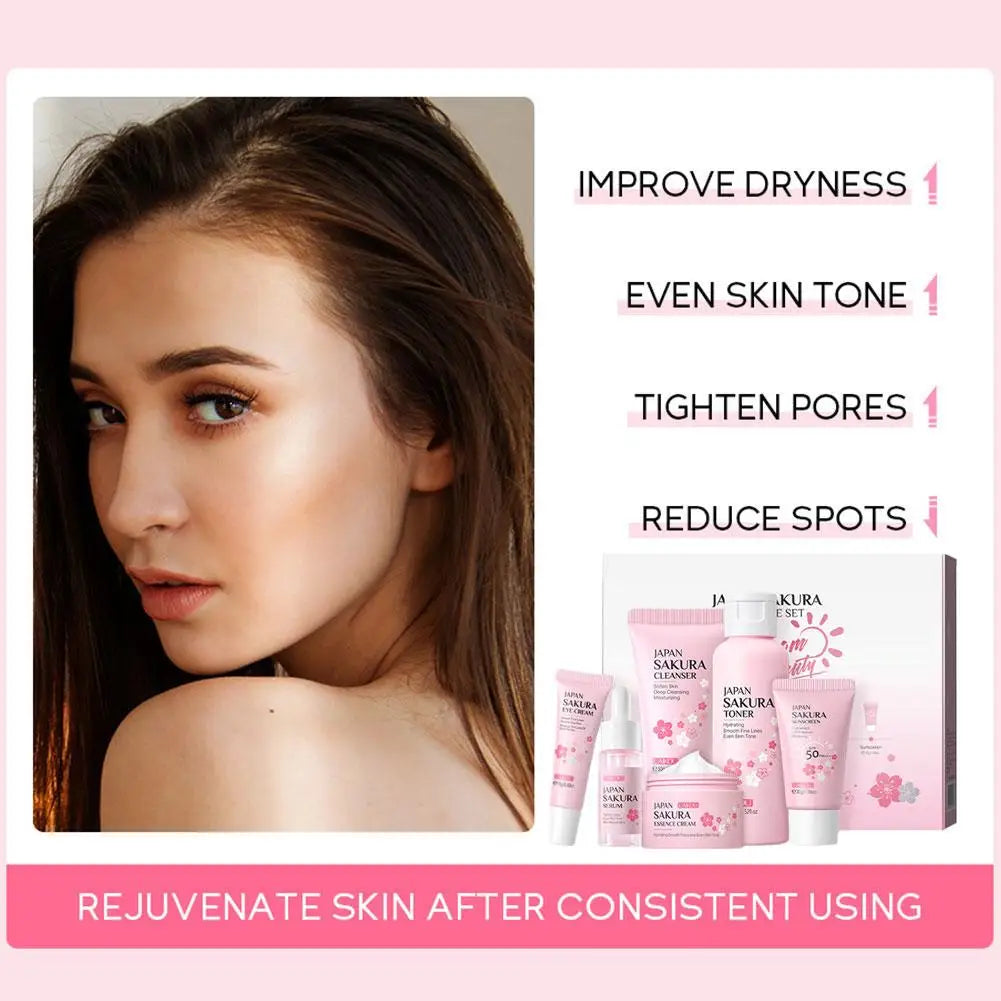 6PCS Sakura Skincare Set – Face Cream, Serum, Toner, Cleanser, Sunscreen & Eye Cream in Gift Box