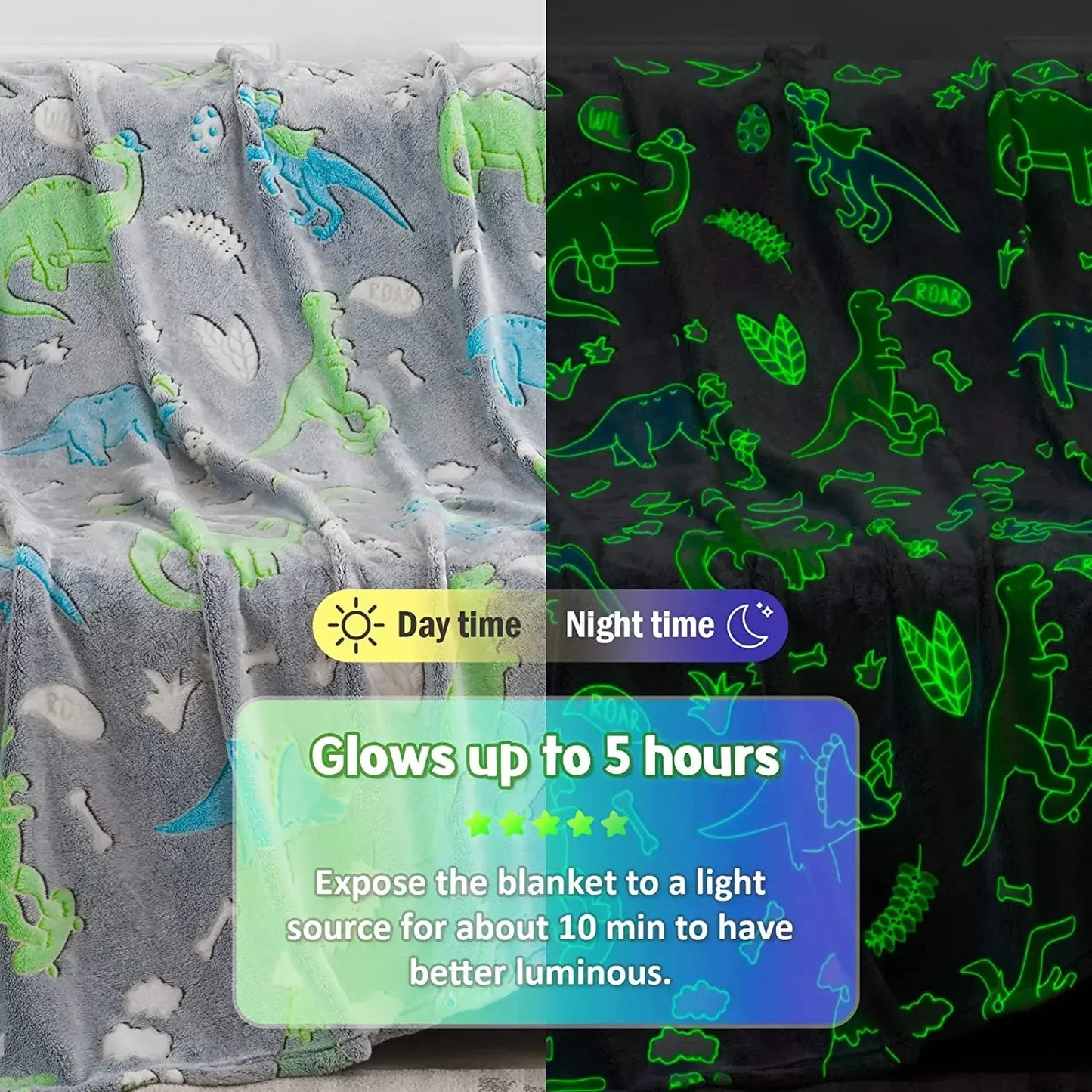 Luminous Unicorn & Dinosaur Plush Blanket – Glow-in-the-Dark Soft Flannel Throw for Boys & Girls, Christmas Gift
