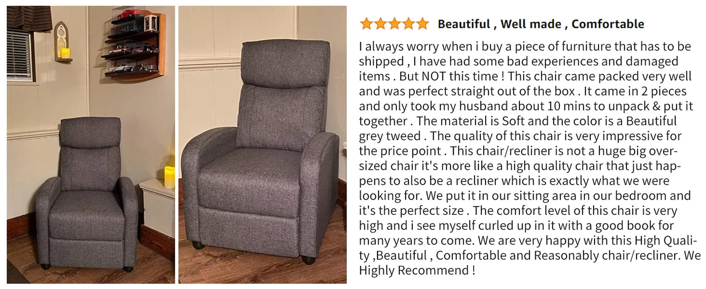Recliner Massage Chair – Adjustable Fabric Sofa with Lumbar Support, Modern Padded Backrest for Living Room, Grey