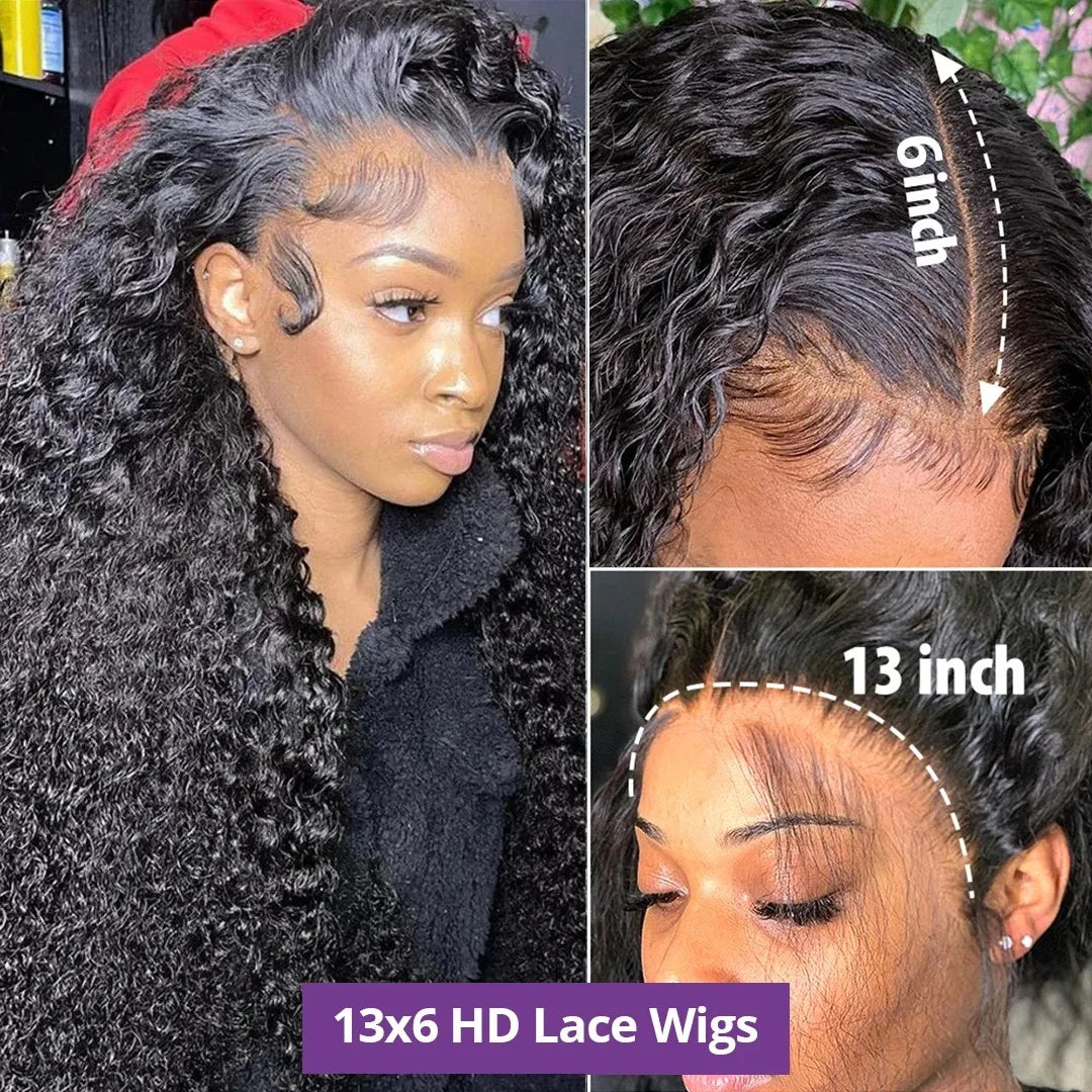 30-40 Inch Curly 13x6 HD Transparent Lace Frontal Wig – Deep Wave, 200 Density Raw Remy Brazilian Human Hair for Women