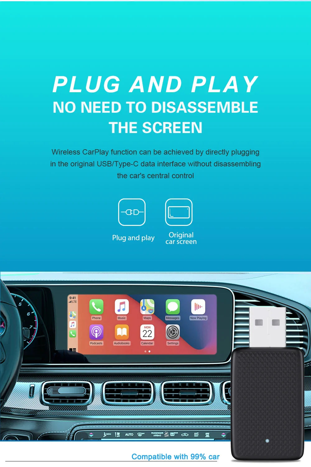 Wired to Wireless CarPlay & Android Auto Adapter – 2-in-1 Smart Box with Auto Connect for Mazda, Audi, Kia, Ford