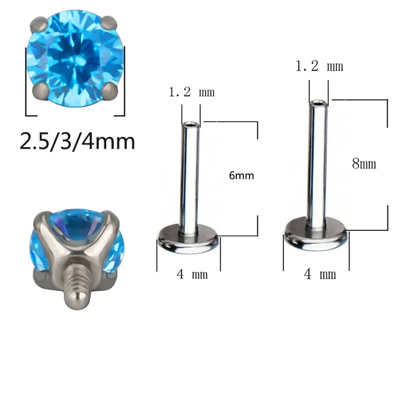 ASTM F136 Titanium CZ Labret Stud Earrings for Ear, Lip & Nose Piercings