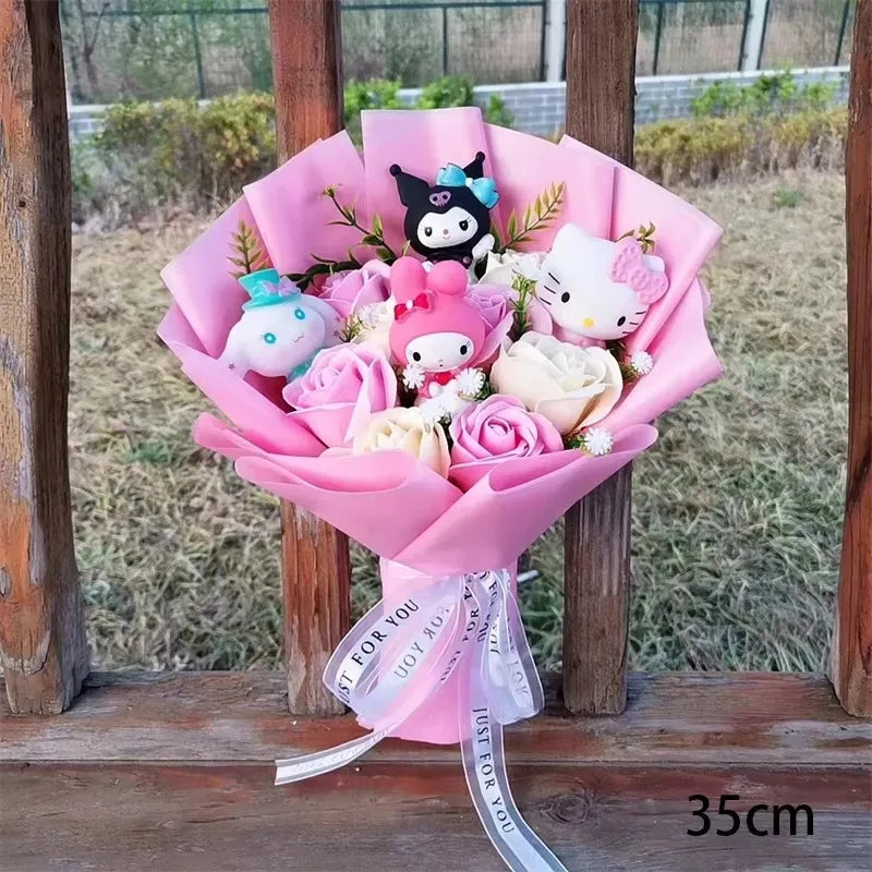 Hello Kitty Plush Bouquet — Anime Rose Soap Flowers for Wedding & Home Decor