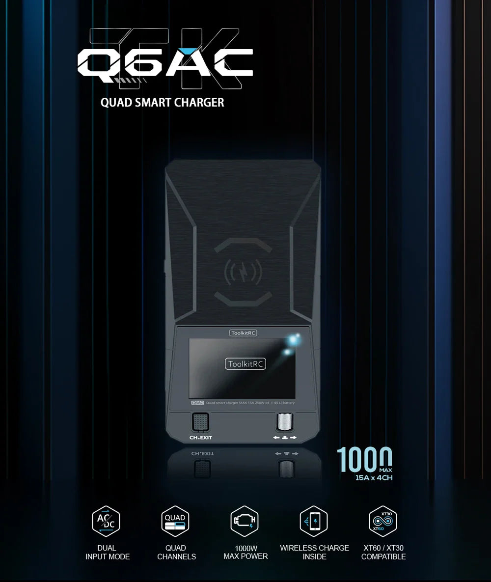 ToolkitRC Q6AC Charger — AC 400W/DC 1000W 4CH with USB A/Type-C, LiPo 1-6S, NiMH 1-16S, PB 1-10S, IPS Display