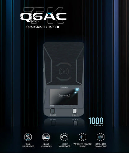 ToolkitRC Q6AC Charger — AC 400W/DC 1000W 4CH with USB A/Type-C, LiPo 1-6S, NiMH 1-16S, PB 1-10S, IPS Display