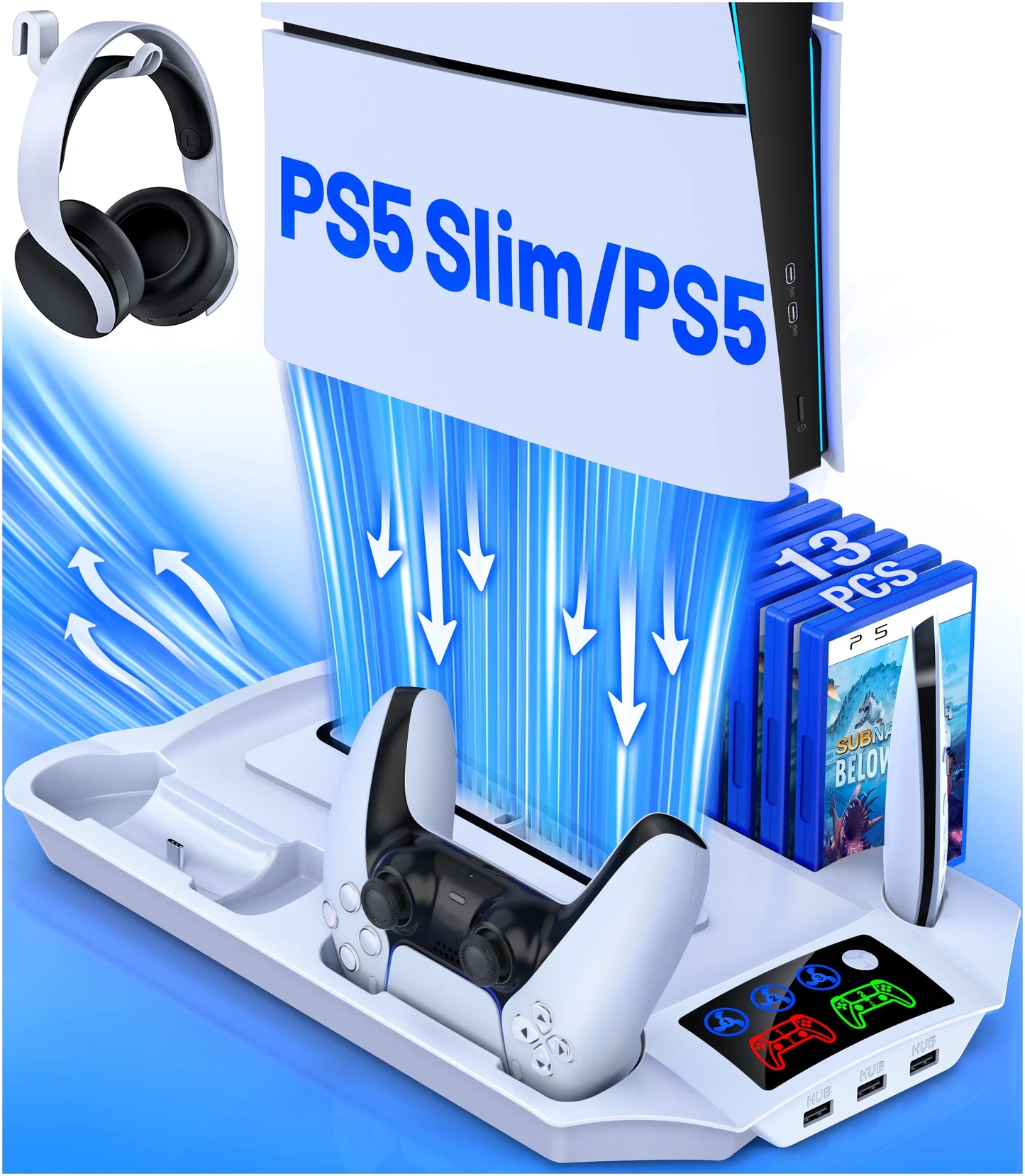 DinoFire PS5 Slim Cooling & Charging Stand – Vertical Fast Controller Charging Station for Disc & Digital PlayStation 5 Console