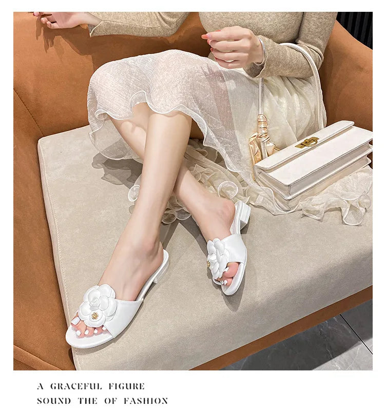 Luxury Women’s Flower Slippers — Camellia Open-Toe Slides for Home & Outdoor, Ladies Flip Flop Sandals