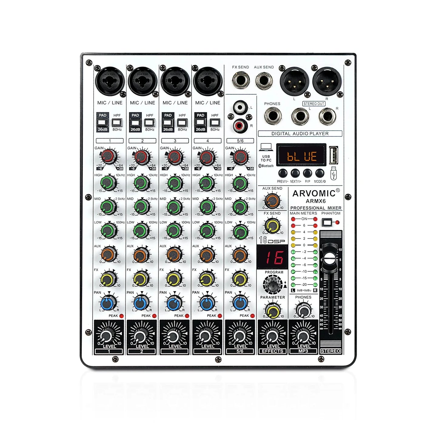 ARVOMIC 6 Channel DJ Audio Mixer – USB Interface, Bluetooth, 16 DSP Effects, 3-Band EQ (ARMX-6)