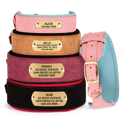 Wide Personalized PU Leather Dog Collar – Custom Tag Soft Pet Collar for Small, Medium & Large Dogs, Pitbulls & Bulldogs