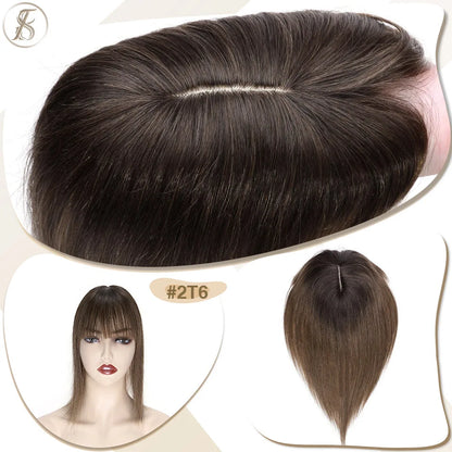 TESS Women Human Hair Topper With Bangs - 7x12.5cm Silk Base Clip In Hair Extension Natural Wigpiece