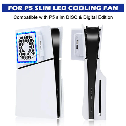 NEW Side-Mounted Cooling Fan for PS5 Slim – LED Light & 2 USB Ports Game Console Cooler Accessory