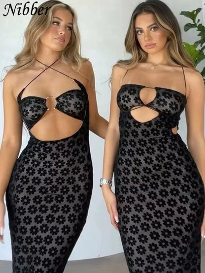 Nibber Solid Color Maxi Dress: Sexy Hollow Perspective Women's Fashion - Street Trendy Clothing for Bag Hips Robe