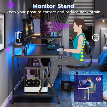 70.8'' Gaming Desk with LED Lights – Computer Desk with Storage Shelves, Monitor Stand, Power Outlets & Cup Holder