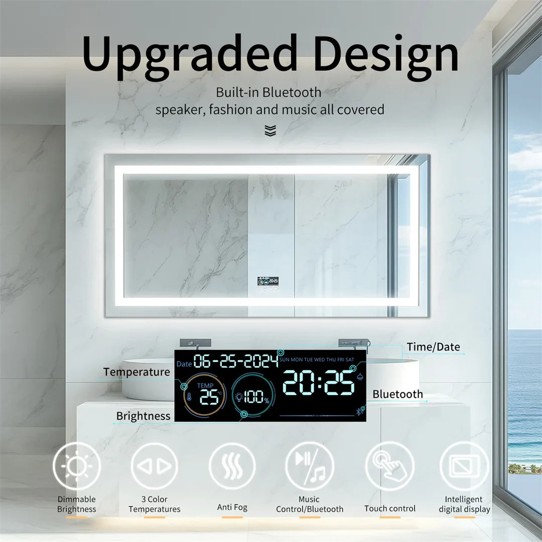 LUVODI Bluetooth LED Bathroom Mirror – Large Anti-Fog Lighted Vanity Mirror with 3-Color Modes