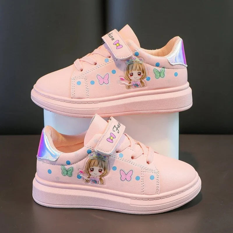 Kids White Leather Sneakers - Casual Spring Shoes for Girls, Soft Board-Style Footwear
