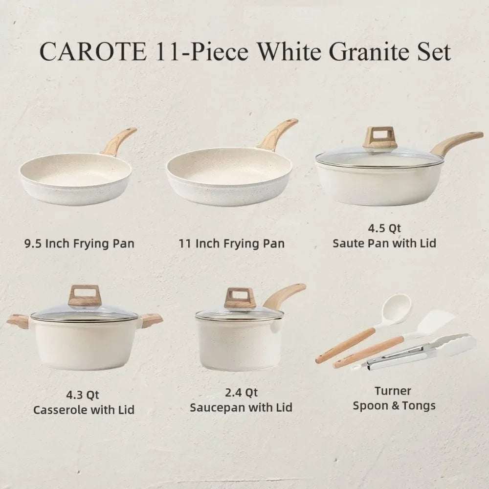 11 Piece White Granite Nonstick Cookware Set - Induction Kitchen Pots and Pans with Frying Pans