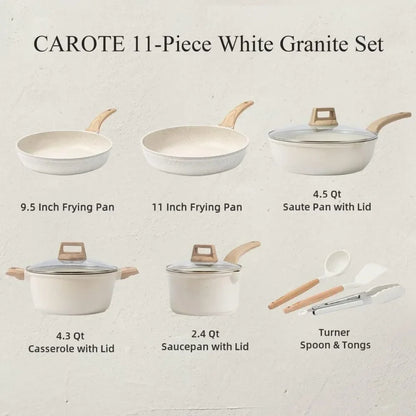 11 Piece White Granite Nonstick Cookware Set - Induction Kitchen Pots and Pans with Frying Pans