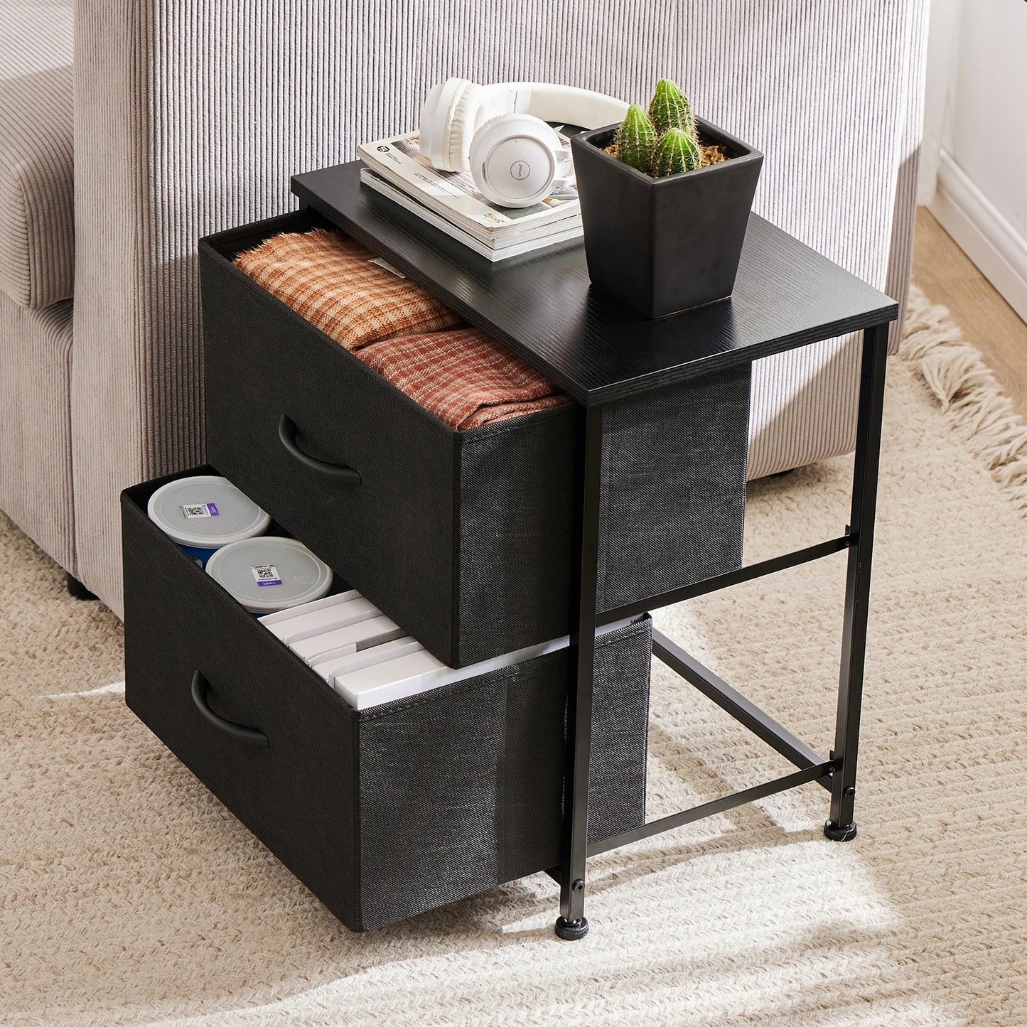 Nightstand Bedside Table – Coffee, Sofa & Tea Table with 2 Fabric Drawers for Bedroom Storage & Clothes Display