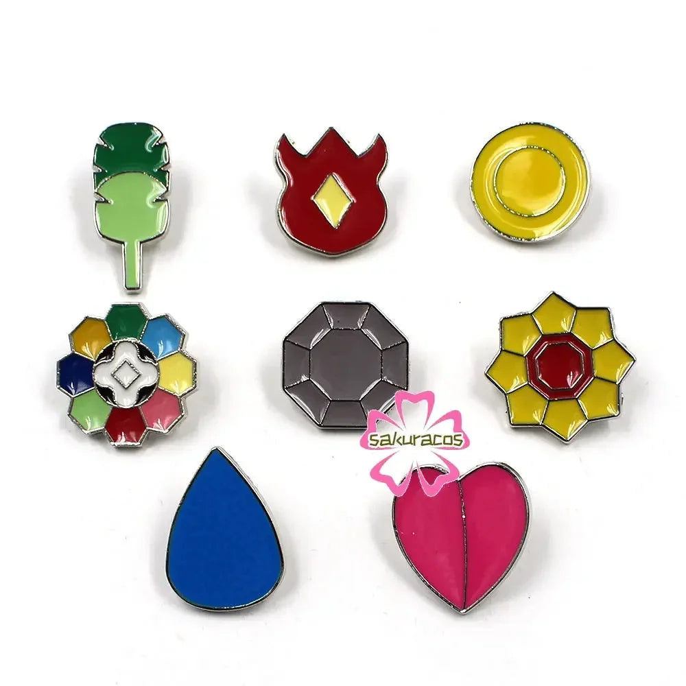 Set of 8 Pokémon Gym Badge Pins – League Region Brooches from Kanto, Johto, Hoenn, Sinnoh, Unova, Kalos & Orange Islands