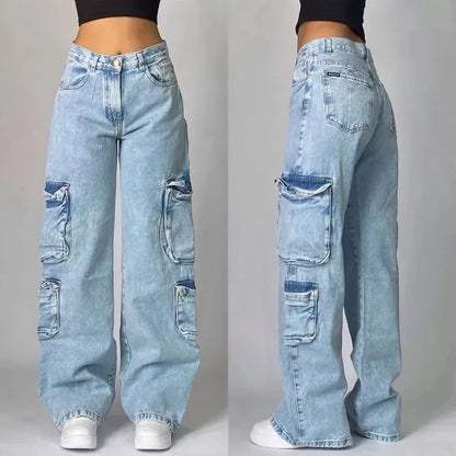 Streetwear Multi-Pocket Baggy Jeans – Y2K Hip-Hop Harajuku High-Waist Wide Pants for Men & Women