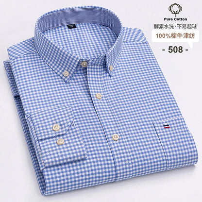 Men's 100% Cotton Oxford Plaid Shirt - Soft Regular Fit Long Sleeve Formal Dress Shirt with Pocket S-7XL