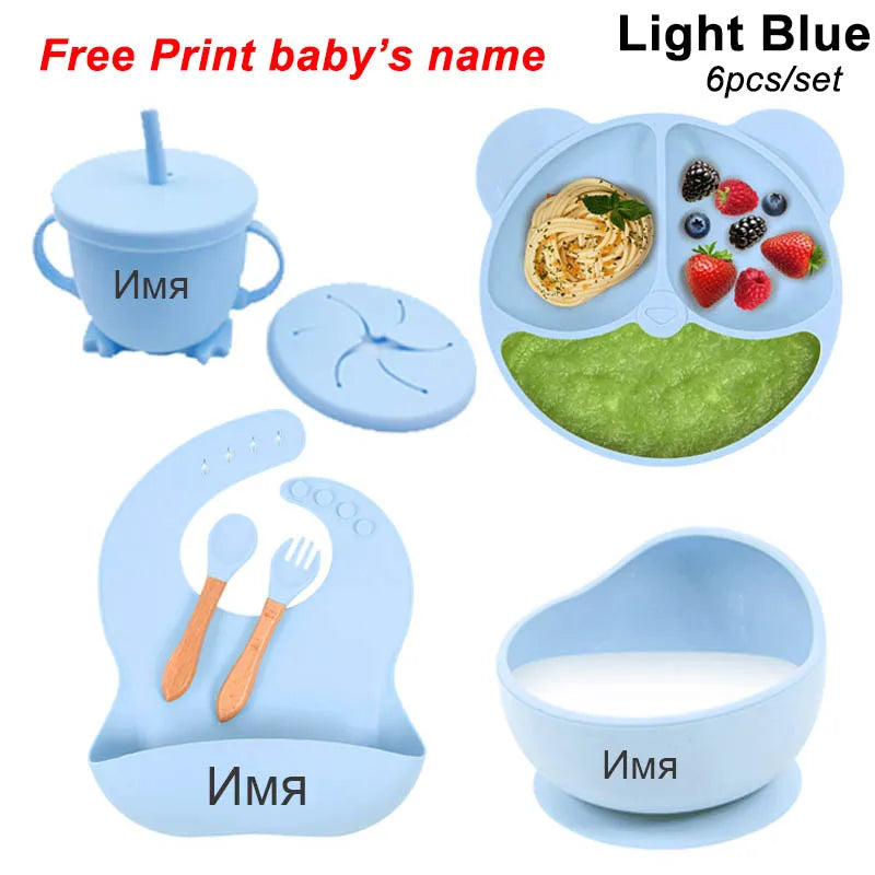 6-Piece Baby Feeding Plate Set – Silicone Suction Bowls, Plates, Cups & Spoon for Kids, Personalized Name Tableware